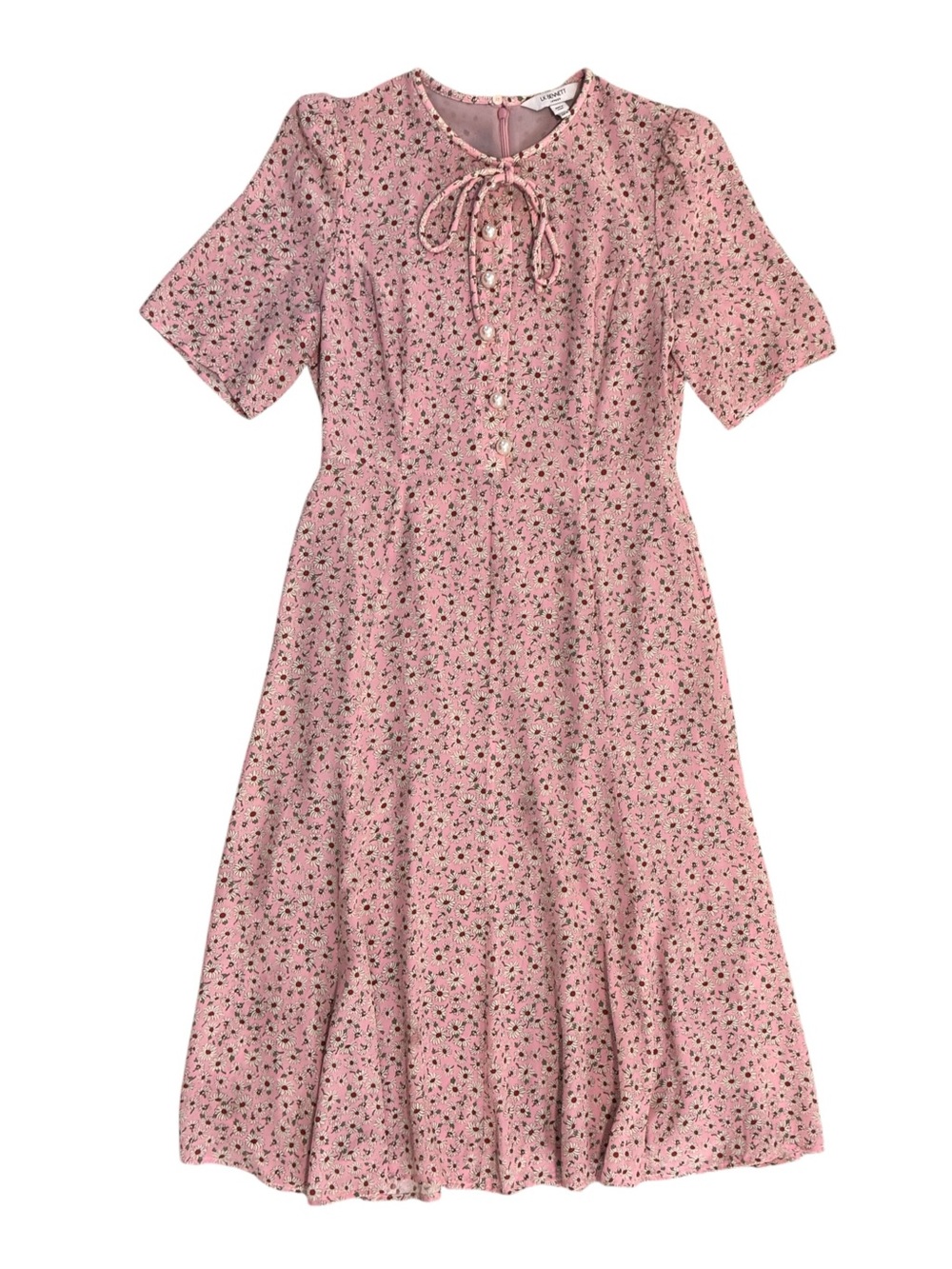 LK BENNETT Dr Montana Pink Daisy Print 100% Silk Midi Dress Pearl Buttons 6